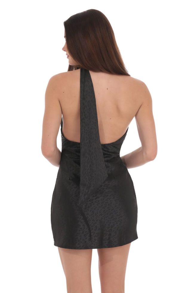 Leopard Jacquard Scarf Halter Dress in Black - Image 2