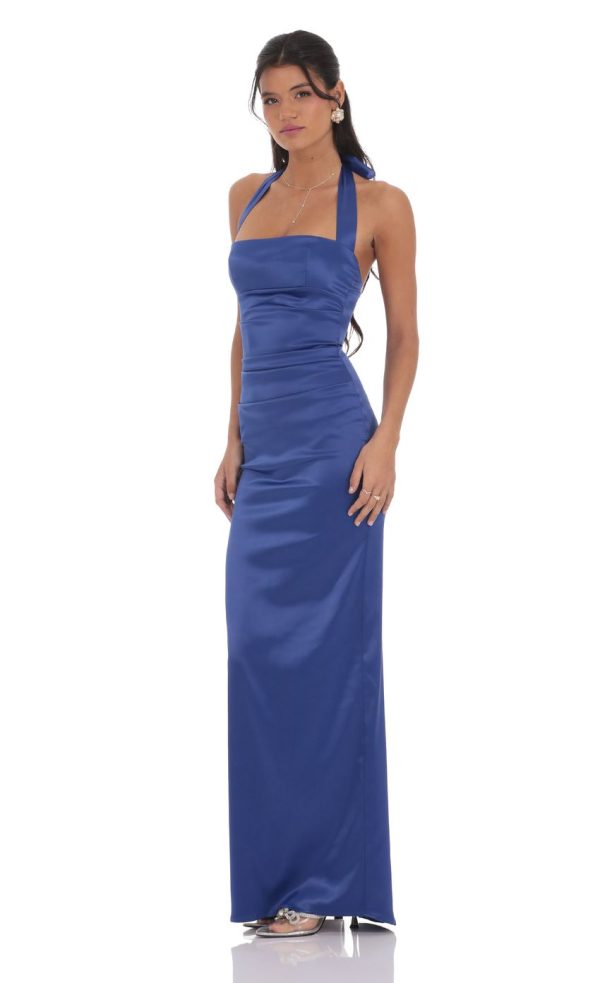 Satin Halter Maxi Dress in Blue - Image 3