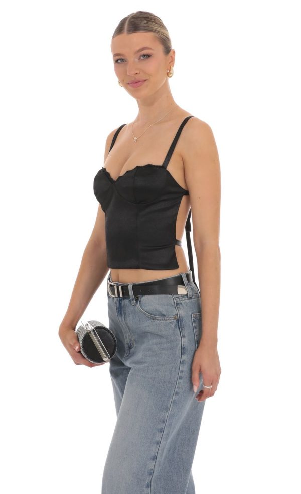Satin Open Back Tie Top in Black