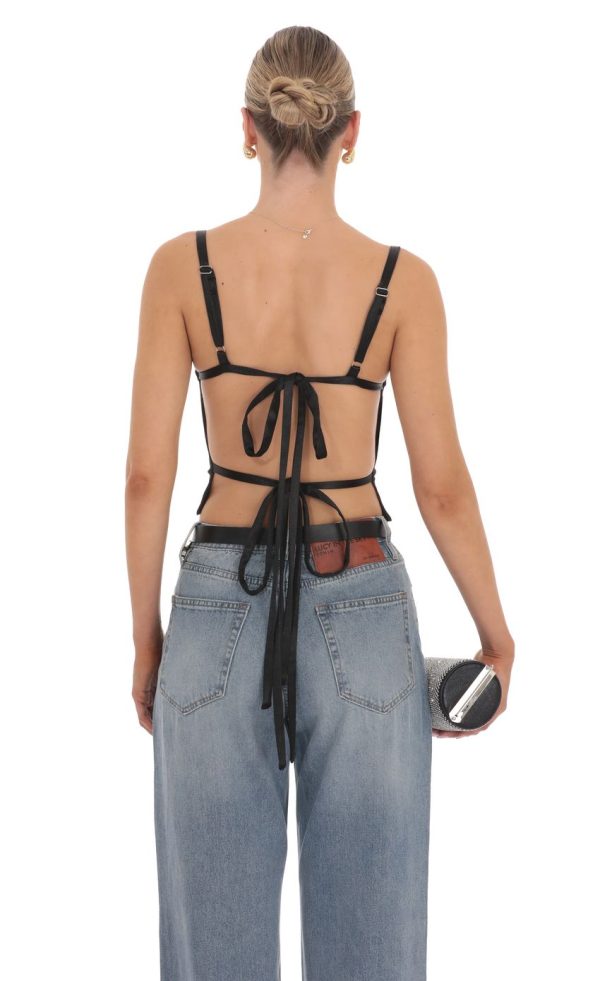 Satin Open Back Tie Top in Black - Image 2