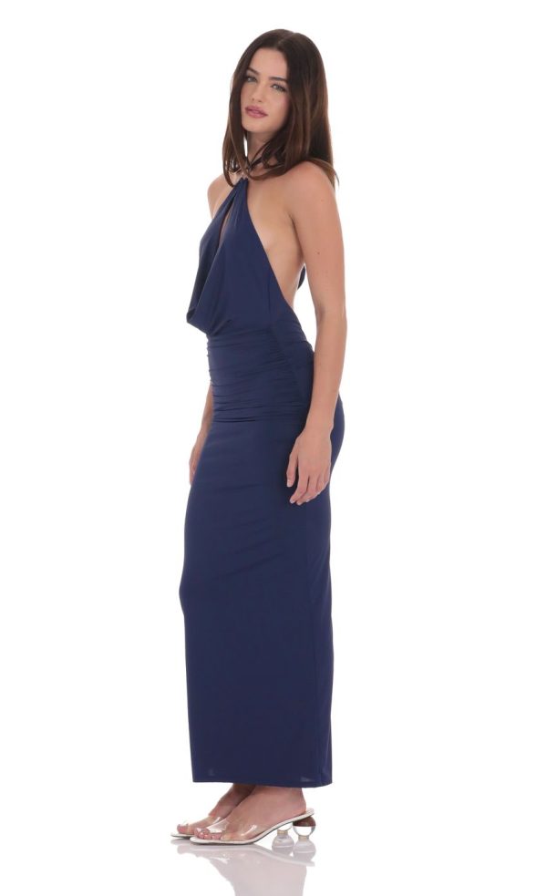 Keyhole Halter Maxi Dress in Navy - Image 3