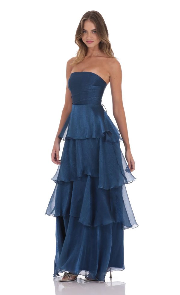 Corset Ruffle Strapless Maxi Dress in Navy - Image 3