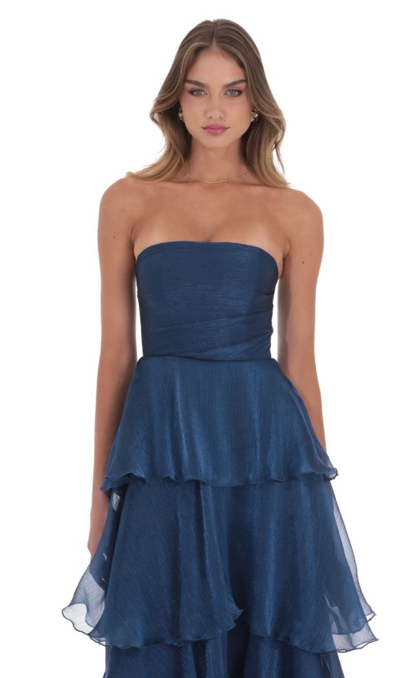 Corset Ruffle Strapless Maxi Dress in Navy - Image 4