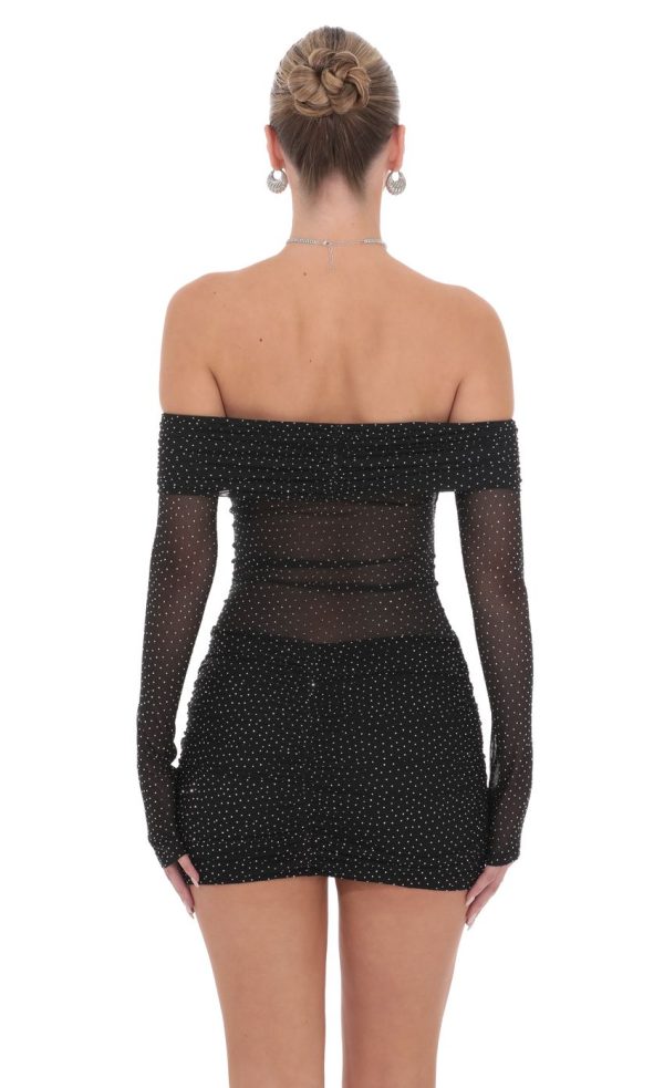 Rhinestone Mesh Off Shoulder Dress in Black - Image 2