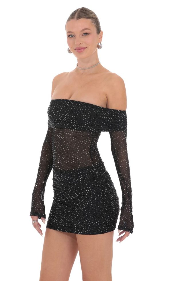 Rhinestone Mesh Off Shoulder Dress in Black - Image 3
