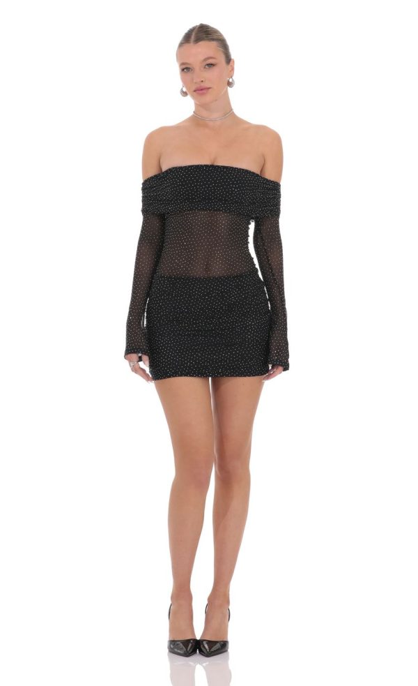 Rhinestone Mesh Off Shoulder Dress in Black - Image 4
