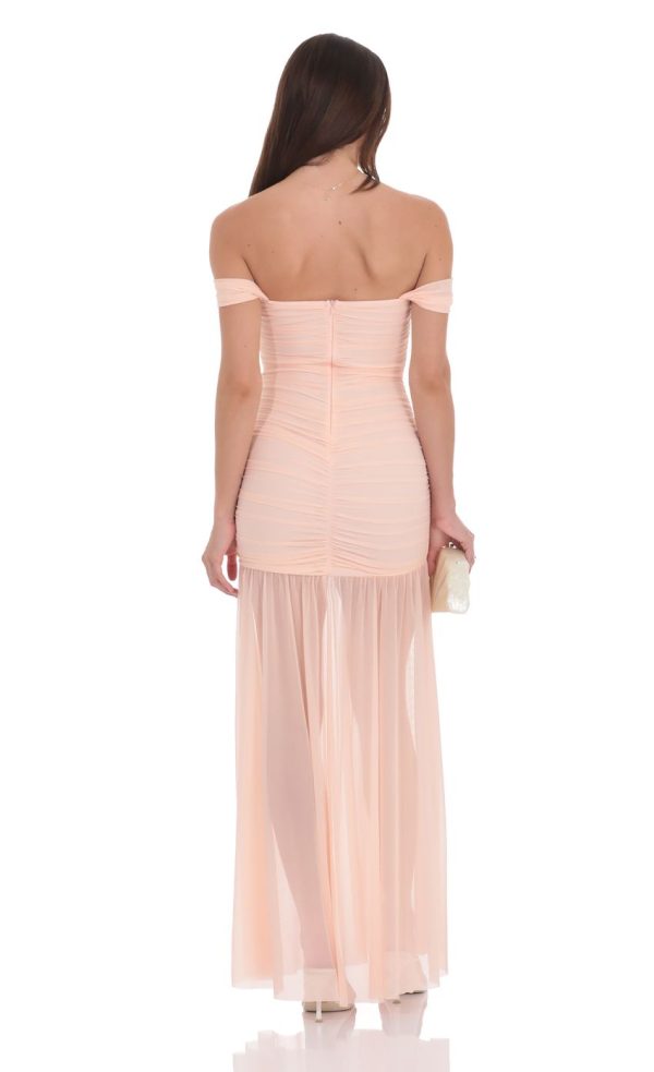 Mesh Off Shoulder Ruched Maxi Dress in Blush Pink - Image 2