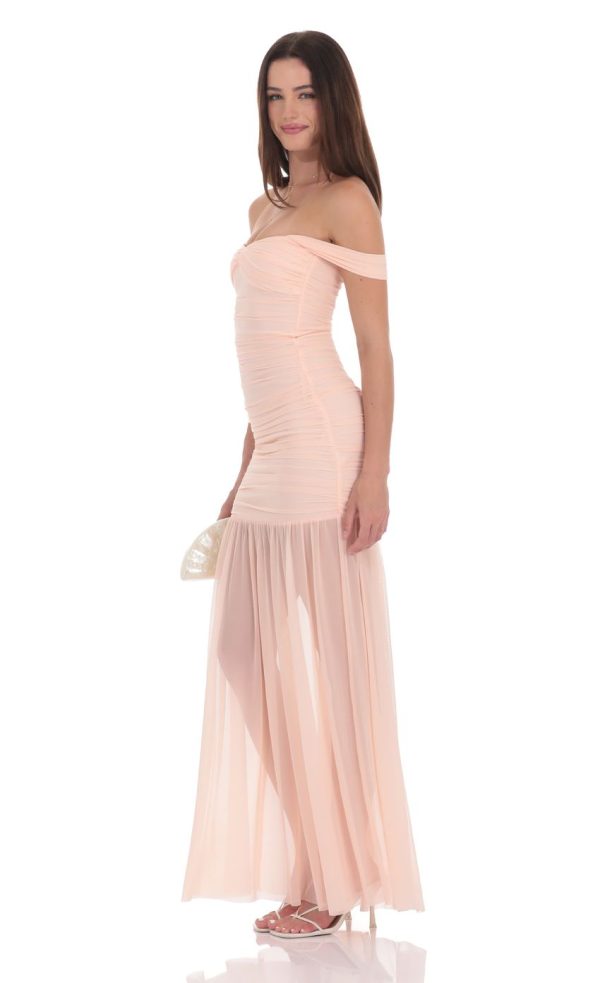 Mesh Off Shoulder Ruched Maxi Dress in Blush Pink - Image 3