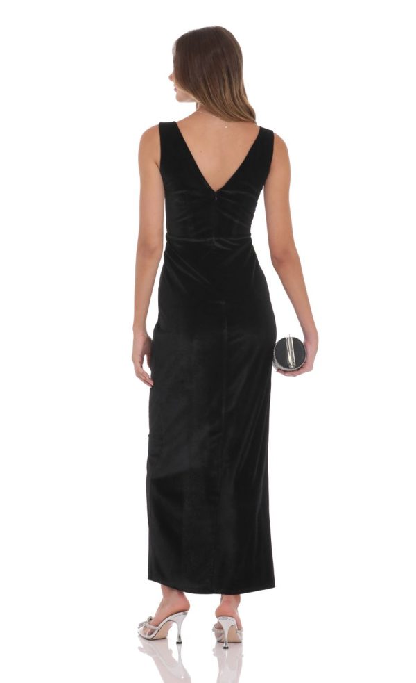 Velvet V-Neck Slit Maxi Dress in Black - Image 2