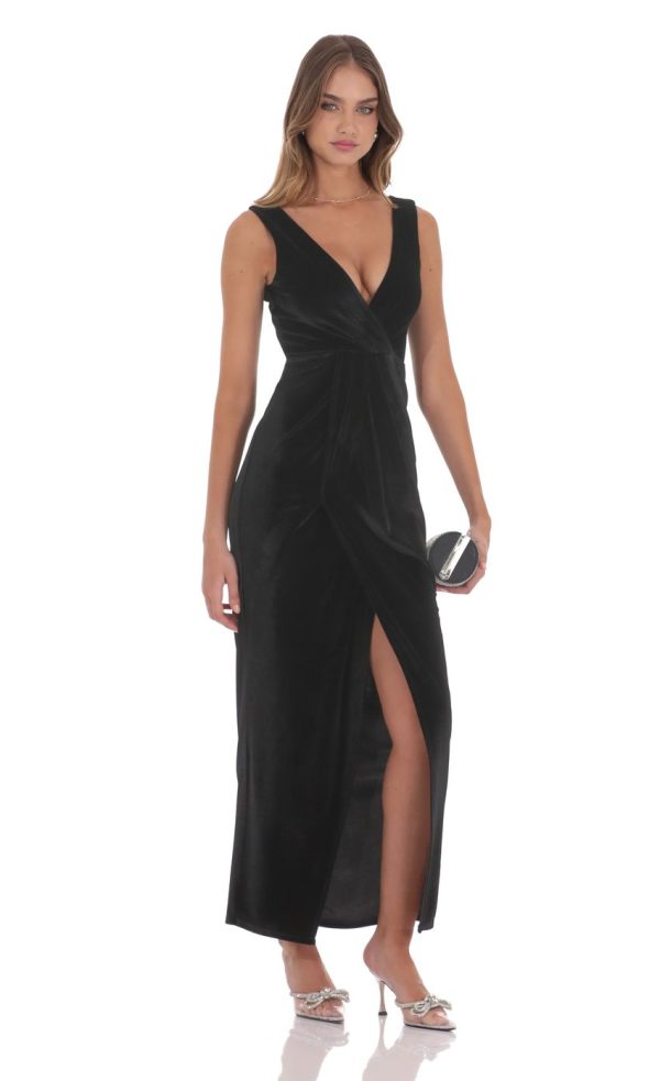 Velvet V-Neck Slit Maxi Dress in Black - Image 3