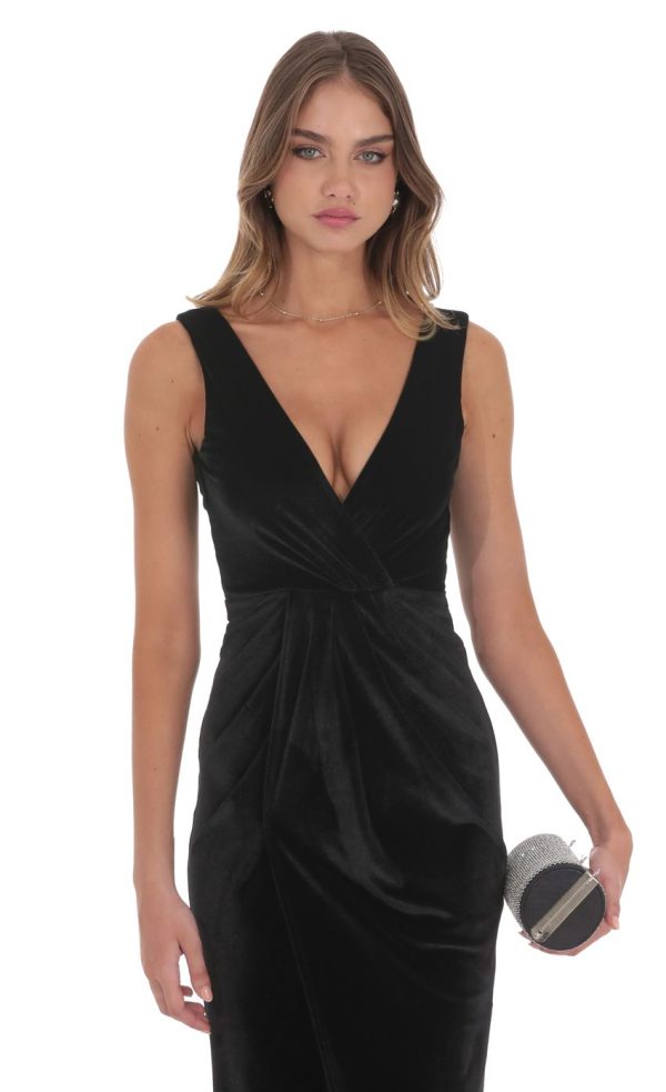 Velvet V-Neck Slit Maxi Dress in Black - Image 4
