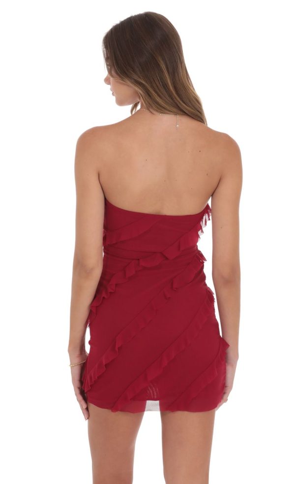 Mesh Strapless Ruffle Dress in Red - Image 2