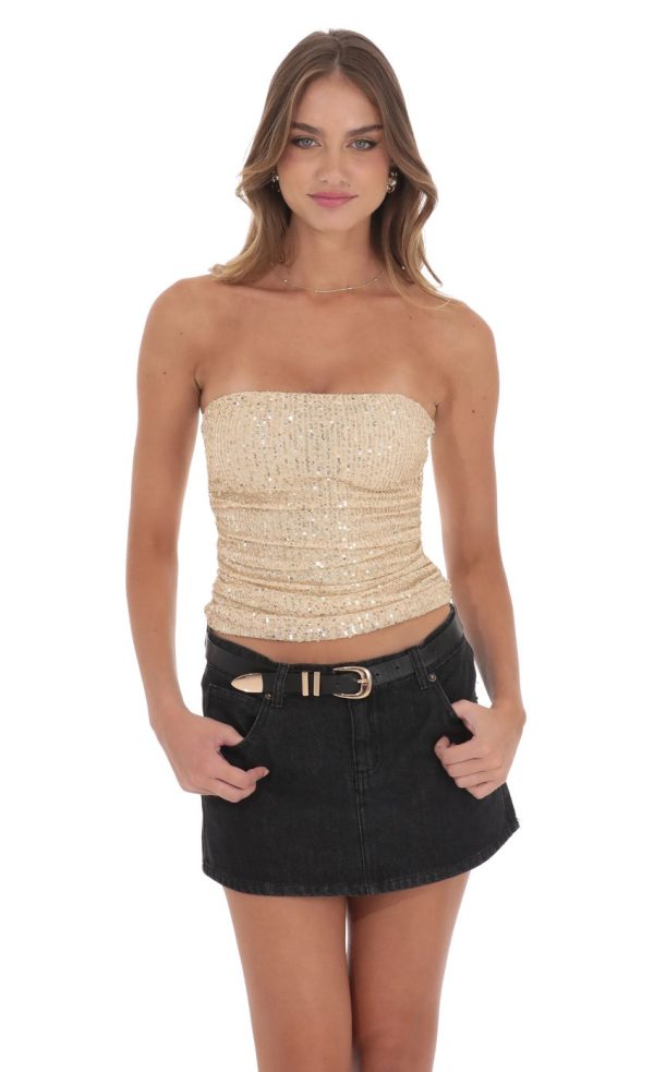 Sequin Ruched Tube Top in Gold
