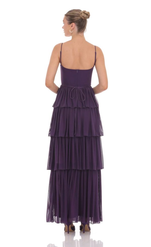 Mesh Ruffle Maxi Dress in Dark Purple - Image 2