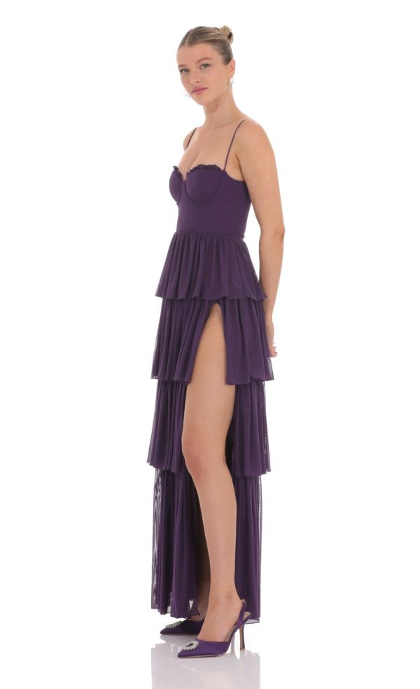 Mesh Ruffle Maxi Dress in Dark Purple - Image 3