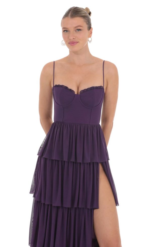 Mesh Ruffle Maxi Dress in Dark Purple - Image 4