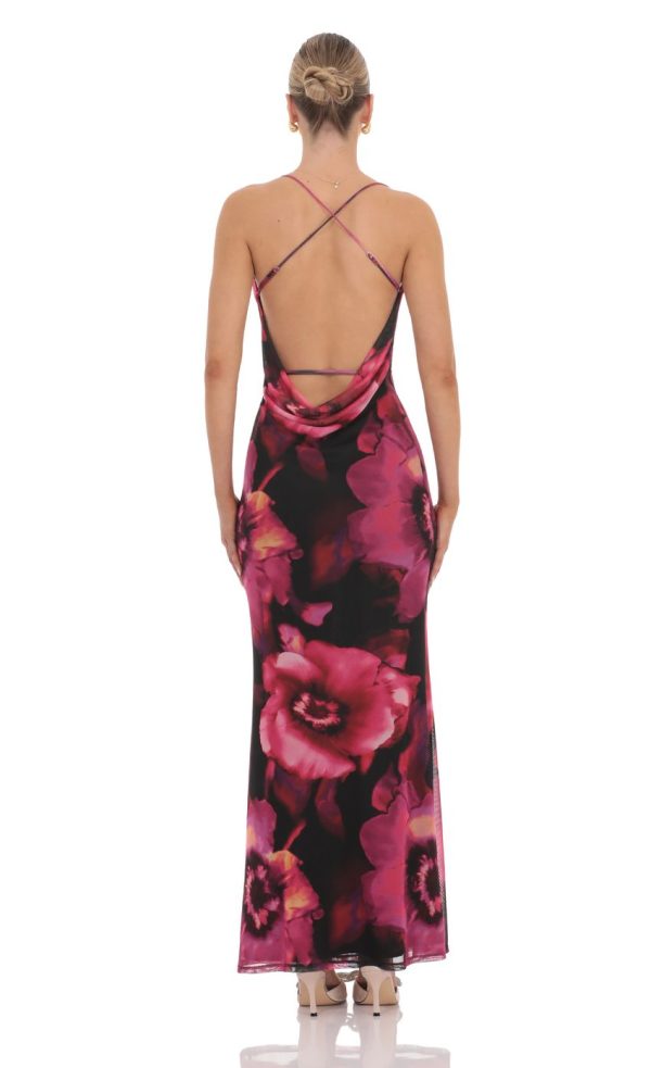 Mesh Floral Cowl Neck Maxi Dress in Black - Image 2