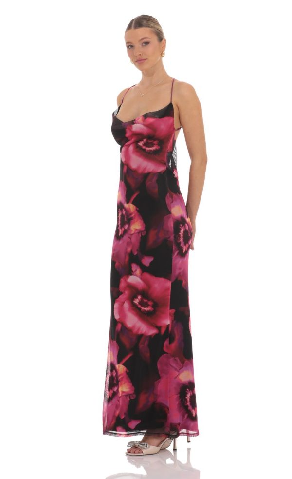 Mesh Floral Cowl Neck Maxi Dress in Black - Image 3