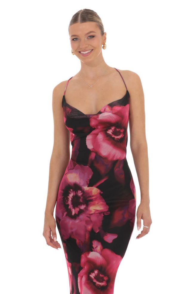 Mesh Floral Cowl Neck Maxi Dress in Black - Image 4