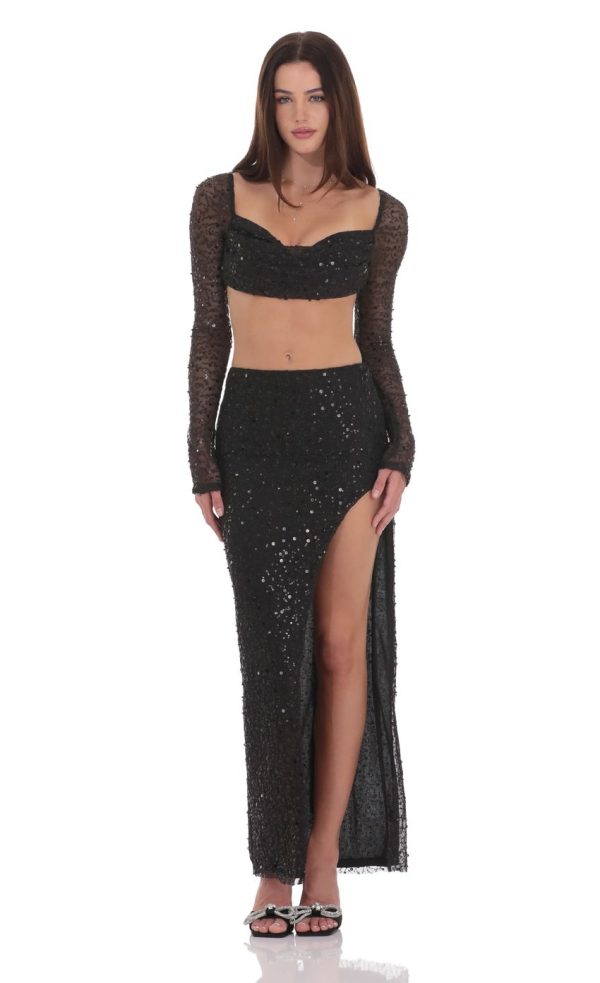Sequin Beaded Two Piece Set in Black
